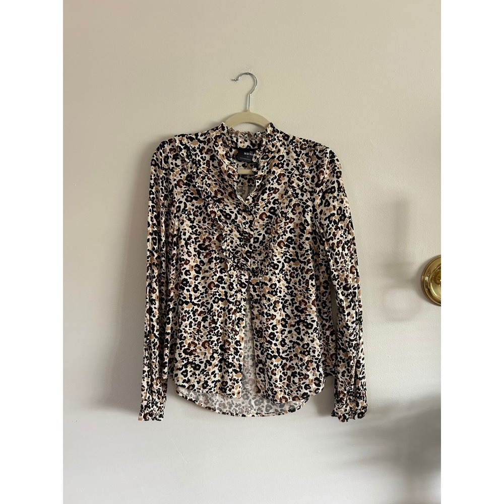 Maeve by Anthropologie Leopard Print Ruffled Collar‎ Button Up Shirt Top Women - Picture 2 of 3